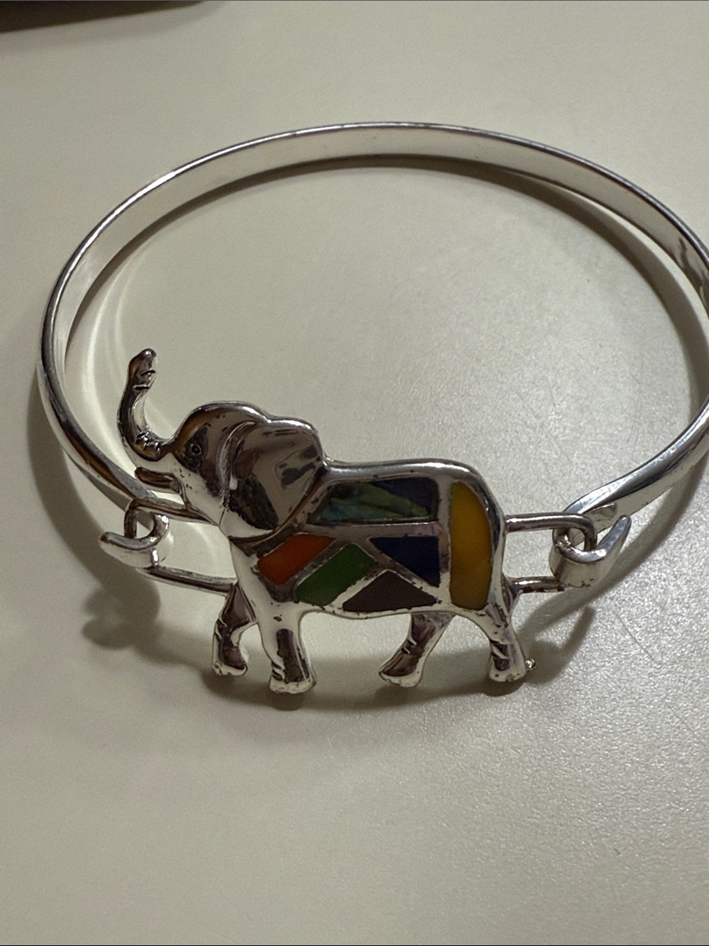 Silver Elephant Multicolor Inlay Bangle Bracelet